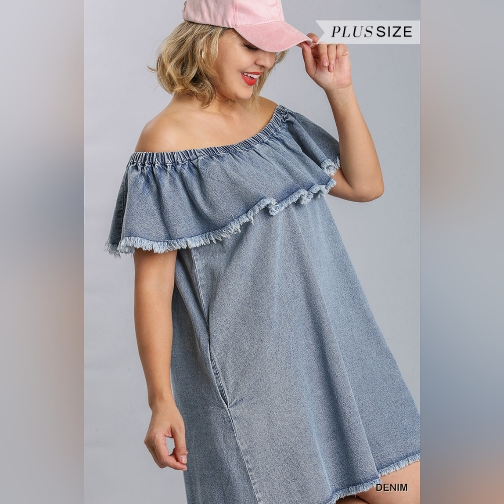 Off Shoulder Ruffled Denim Dress - Picture 6 of 10